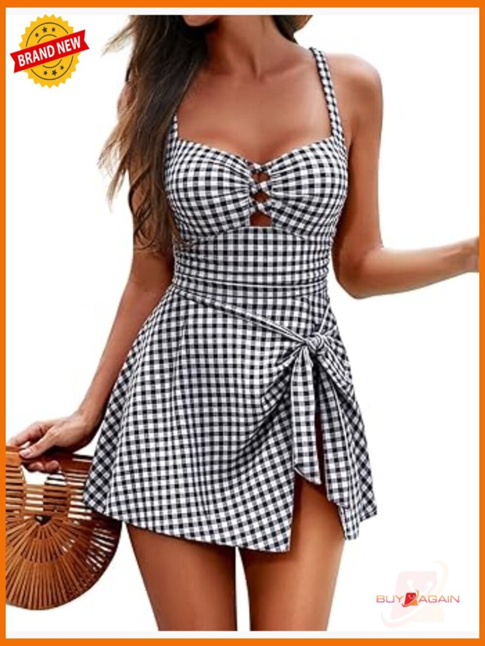 Tummy Control One Piece Swim Dress Square Neck Wrap Skirted Bathing Suit